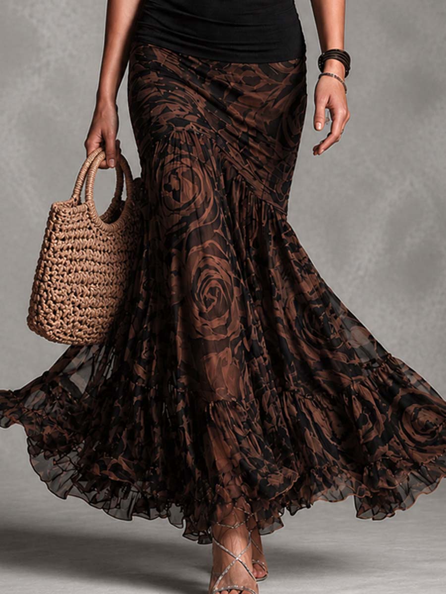 Rossana | Completo Due Pezzi Top Halter Nero e Gonna Maxi in Mesh Rose
