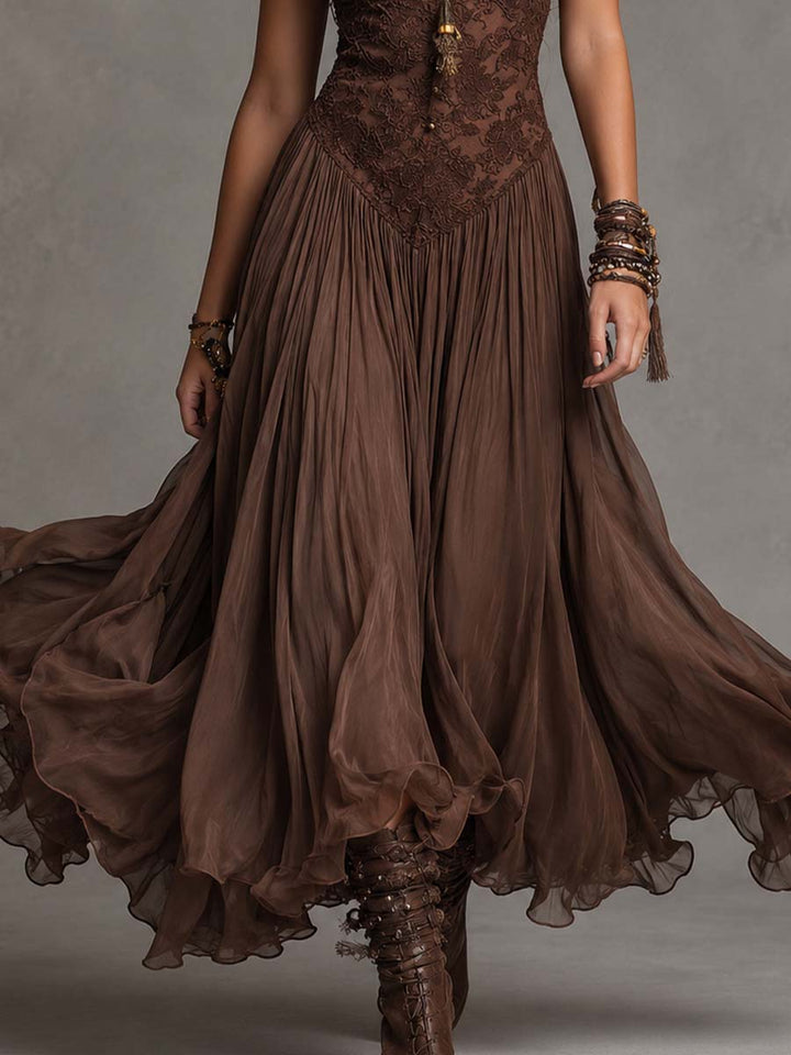 Federica | Abito Maxi in Chiffon e Pizzo Marrone