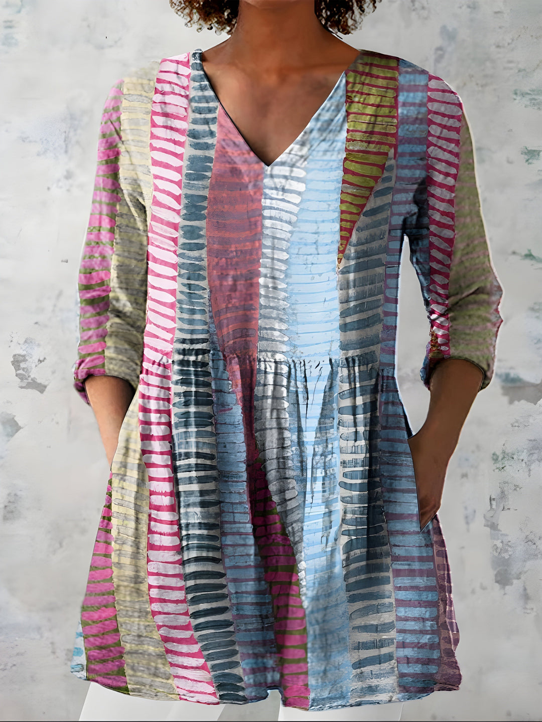 Ortensia | Blusa Lunga a Righe Sfumate Rosa e Azzurro