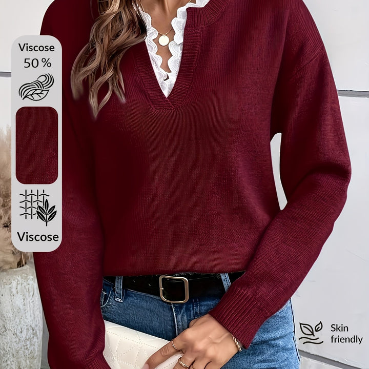 Rosalba | Maglione Romantico con Scollo a V e Pizzo