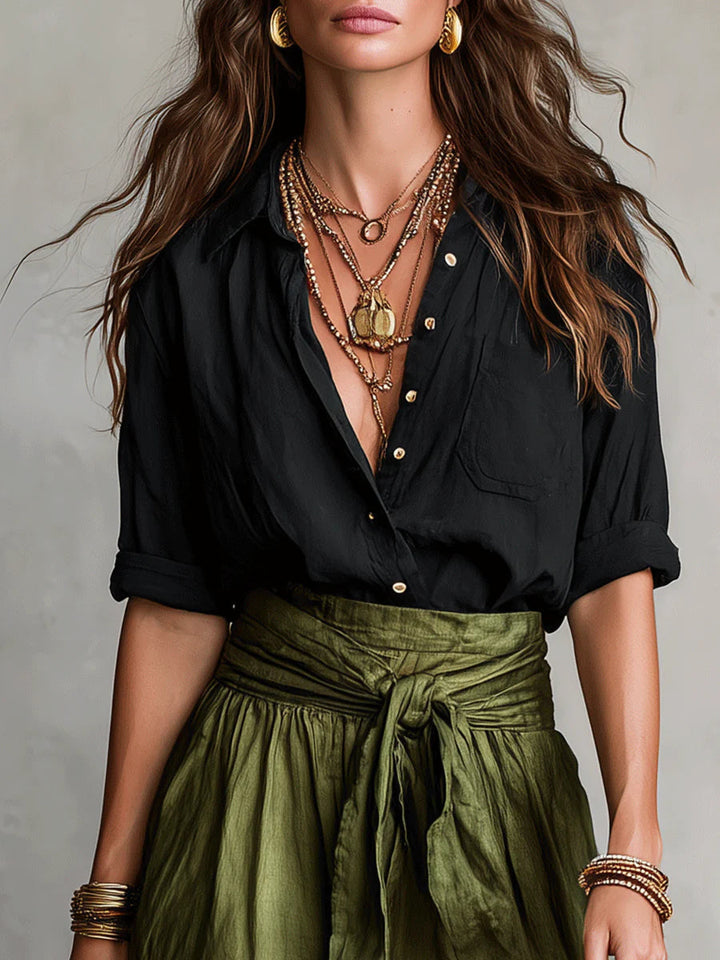 Elisa | Completo Due Pezzi: Maglietta Nera e Gonna Midi Verde Oliva