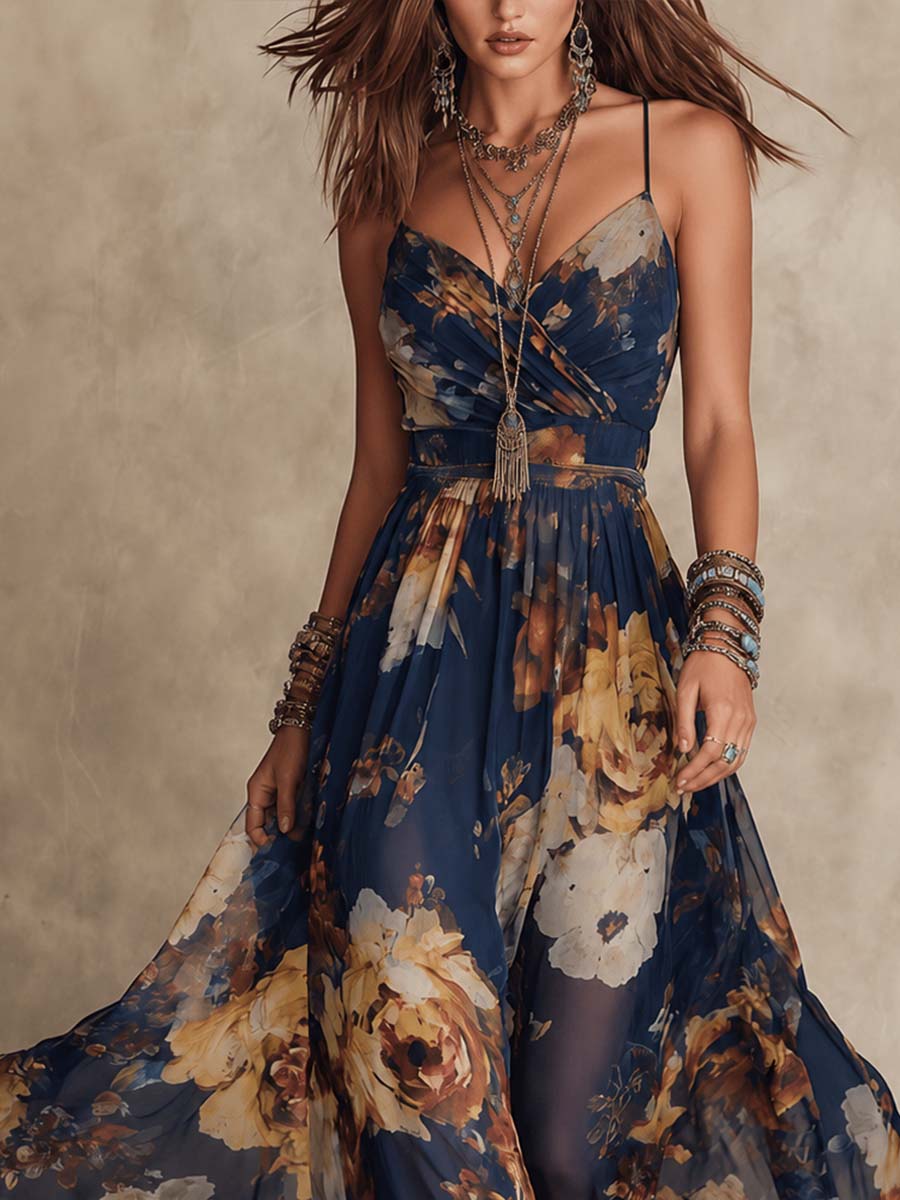 Nicoletta | Abito Lungo in Chiffon Blu Navy con Stampa Floreale e Spalline Sottili