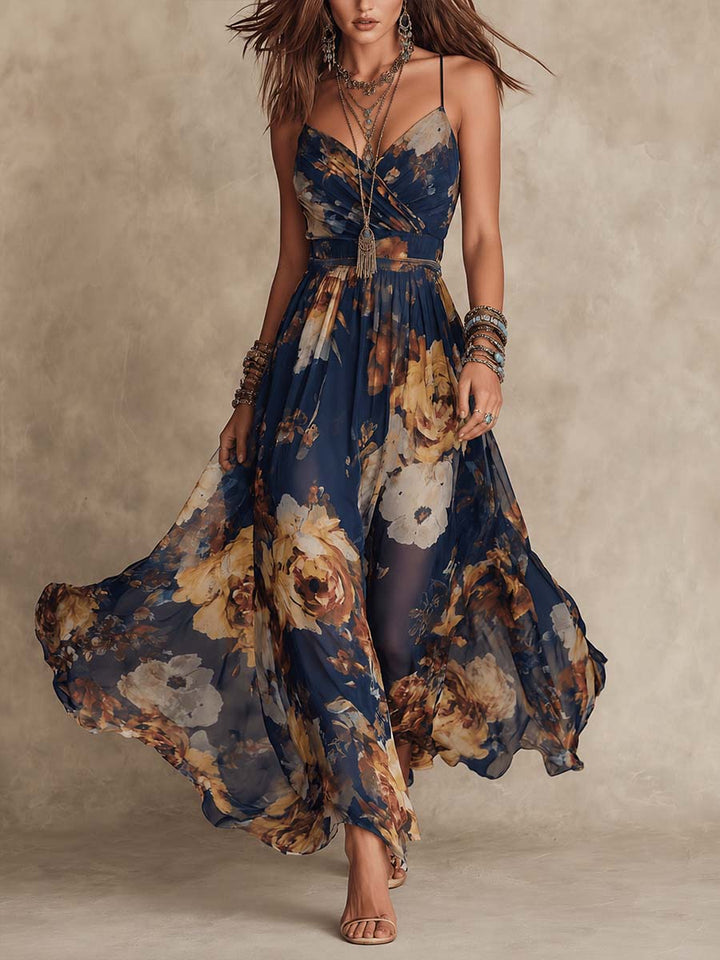 Nicoletta | Abito Lungo in Chiffon Blu Navy con Stampa Floreale e Spalline Sottili