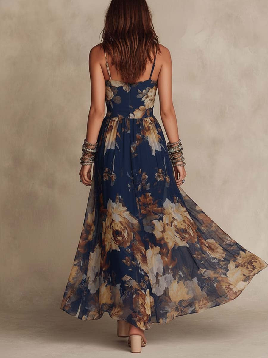 Nicoletta | Abito Lungo in Chiffon Blu Navy con Stampa Floreale e Spalline Sottili