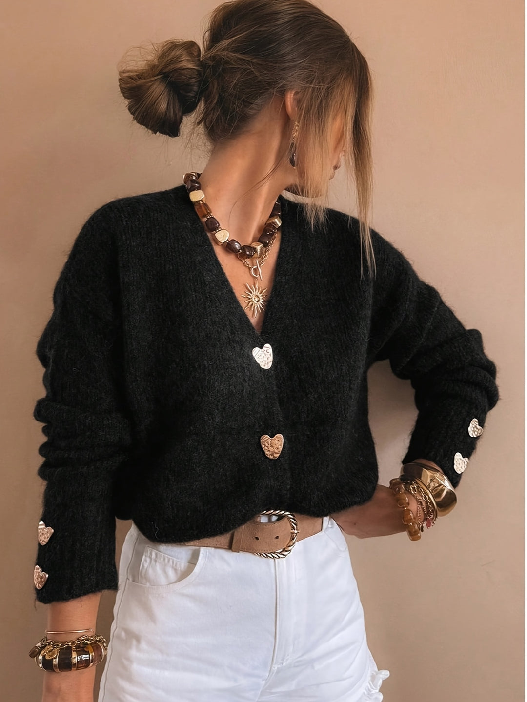 Cordelia | Cardigan con Scollo a V e Bottoni a Cuore