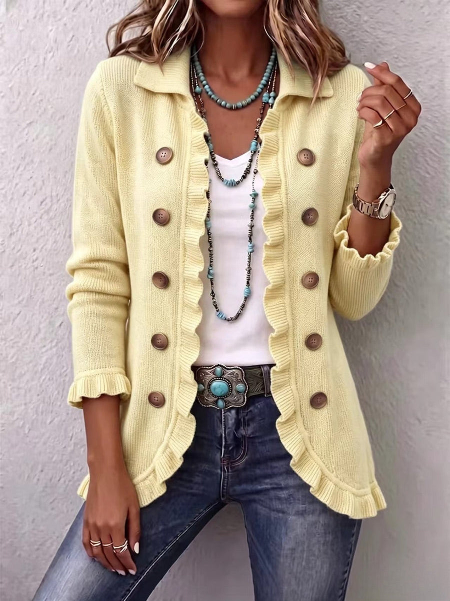 Ornella | Giacca in Maglia a Coste Color Crema con Volant