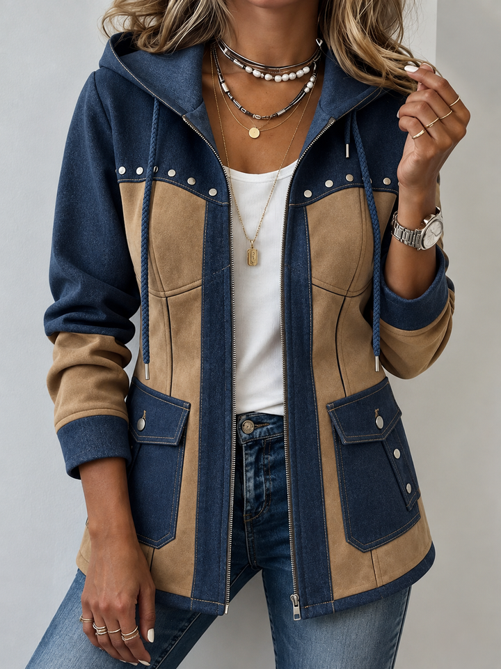 Adriana | Giacca Bicolore con Cappuccio in Blu Navy e Cammello