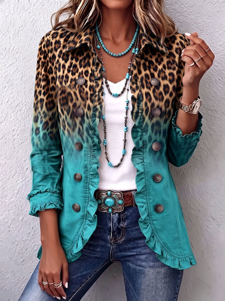 Beatrice | Blazer Leopardo Sfumato Turchese con Volant