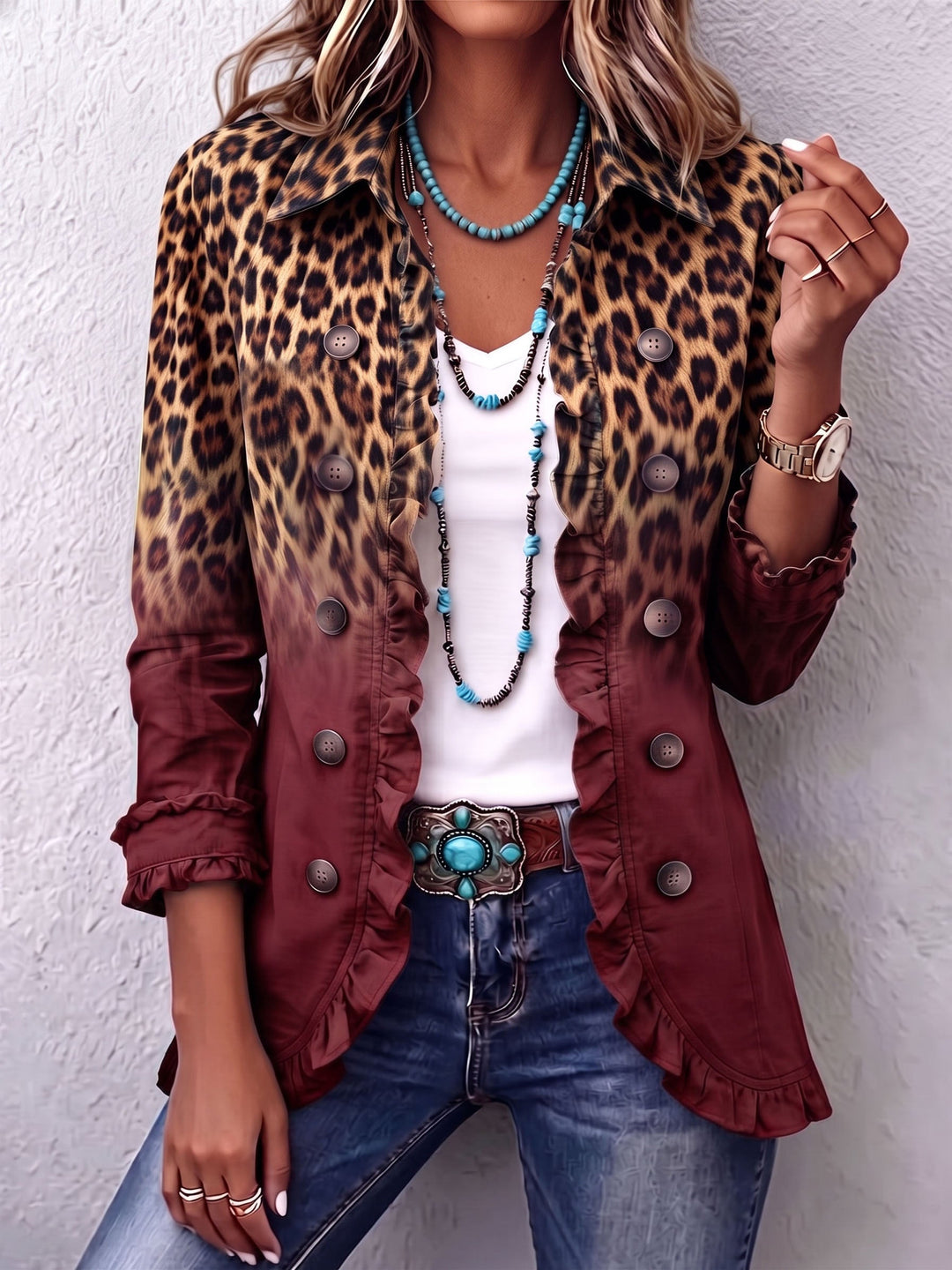 Beatrice | Blazer Leopardo Sfumato Turchese con Volant