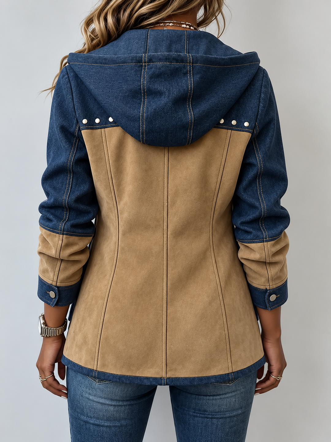 Adriana | Giacca Bicolore con Cappuccio in Blu Navy e Cammello